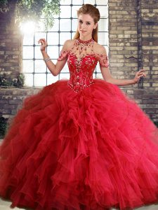 Red Lace Up Vestidos de Quinceanera Beading and Ruffles Sleeveless Floor Length