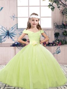 Yellow Green Ball Gowns Lace and Belt Little Girl Pageant Gowns Lace Up Tulle Sleeveless Floor Length