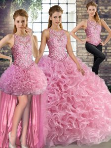 Rose Pink Lace Up Scoop Beading Vestidos de Quinceanera Fabric With Rolling Flowers Sleeveless