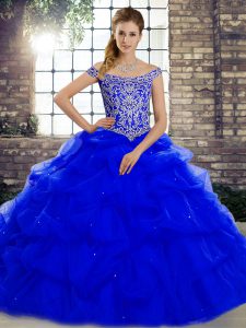 Beauteous Tulle Off The Shoulder Sleeveless Brush Train Lace Up Beading and Pick Ups Quince Ball Gowns in Royal Blue