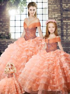 Peach Off The Shoulder Neckline Beading and Ruffled Layers Quinceanera Dresses Sleeveless Lace Up