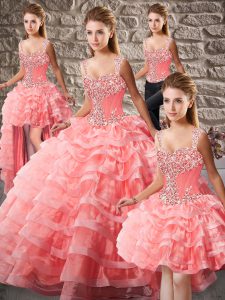 Watermelon Red Sleeveless Organza Court Train Lace Up 15 Quinceanera Dress for Sweet 16 and Quinceanera