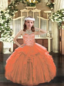 Orange Tulle Lace Up Halter Top Sleeveless Floor Length Pageant Dress Wholesale Beading and Ruffles