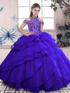 Hot Sale Floor Length Blue Quinceanera Dress Organza Sleeveless Beading and Ruffles