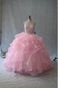 Fine Halter Top Sleeveless Backless Quinceanera Dresses Pink Organza