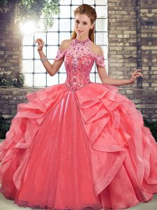 Glamorous Watermelon Red Halter Top Lace Up Beading and Ruffles Sweet 16 Quinceanera Dress Sleeveless
