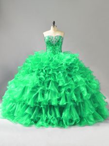 Sumptuous Lace Up Quince Ball Gowns Green for Sweet 16 and Quinceanera with Beading and Ruffles