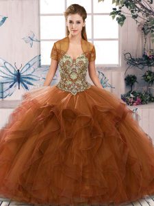 Brown Lace Up Off The Shoulder Beading and Ruffles Sweet 16 Dresses Tulle Sleeveless