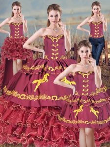 Burgundy 15th Birthday Dress Sweet 16 and Quinceanera with Embroidery and Ruffles Sweetheart Sleeveless Brush Train Lace Up