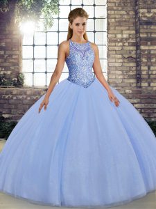 Lavender Ball Gowns Tulle Scoop Sleeveless Embroidery Floor Length Lace Up 15th Birthday Dress
