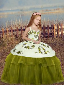 Adorable Olive Green Straps Lace Up Embroidery Kids Formal Wear Sleeveless