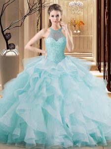 Unique Lace Up Quinceanera Gowns Light Blue for Sweet 16 and Quinceanera with Embroidery and Ruffles Brush Train