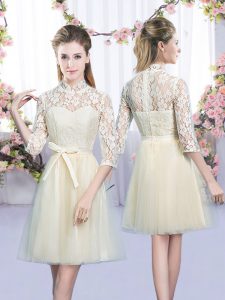 Super Champagne Tulle Lace Up High-neck Half Sleeves Mini Length Quinceanera Dama Dress Bowknot