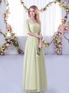 Yellow Green Tulle Side Zipper V-neck Half Sleeves Floor Length Dama Dress for Quinceanera Lace and Belt