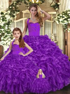 Floor Length Lace Up Sweet 16 Dresses Purple for Military Ball and Sweet 16 and Quinceanera with Ruffles