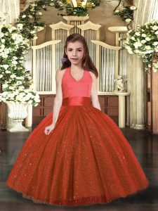 Dazzling Sleeveless Tulle Floor Length Lace Up Kids Formal Wear in Rust Red with Ruching