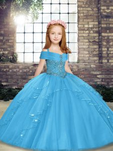 Blue Sleeveless Beading Floor Length Glitz Pageant Dress