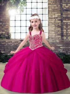 Discount Fuchsia Ball Gowns Straps Sleeveless Tulle Floor Length Lace Up Beading Little Girl Pageant Gowns