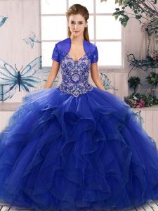 Floor Length Royal Blue Sweet 16 Quinceanera Dress Tulle Sleeveless Beading and Ruffles