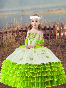 Sleeveless Organza Floor Length Lace Up Little Girl Pageant Gowns in Yellow Green with Beading and Embroidery and Ruffled Layers