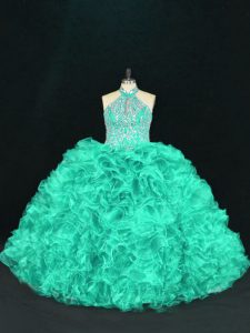 Turquoise 15th Birthday Dress Sweet 16 and Quinceanera with Beading and Ruffles Halter Top Sleeveless Lace Up