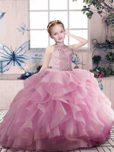 Custom Made Sleeveless Floor Length Beading and Ruffles Zipper Little Girls Pageant Gowns with Pink