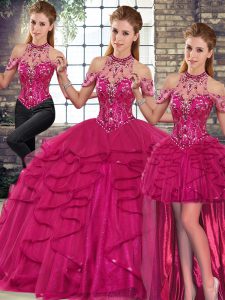 Eye-catching Floor Length Fuchsia Quince Ball Gowns Halter Top Sleeveless Lace Up