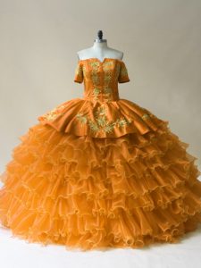 Comfortable Gold Organza Lace Up Vestidos de Quinceanera Sleeveless Floor Length Embroidery and Ruffled Layers