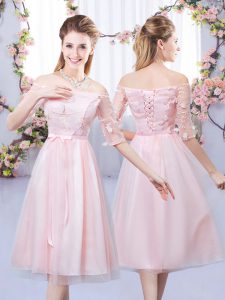 Artistic Tea Length Empire Half Sleeves Baby Pink Vestidos de Damas Lace Up