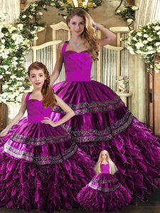 Best Selling Sleeveless Floor Length Embroidery and Ruffles Lace Up Quinceanera Dress with Fuchsia
