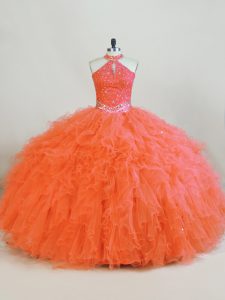 Eye-catching Orange Sleeveless Floor Length Beading and Ruffles Lace Up Ball Gown Prom Dress