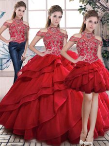 Red Sweet 16 Dress Sweet 16 and Quinceanera with Beading and Ruffles High-neck Sleeveless Lace Up