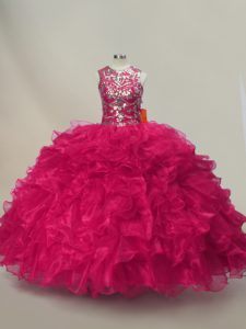 Pretty Hot Pink Ball Gowns Organza Sweetheart Sleeveless Ruffles and Sequins Floor Length Lace Up Quince Ball Gowns
