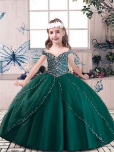 Nice Sleeveless Floor Length Beading Lace Up Little Girl Pageant Gowns with Dark Green