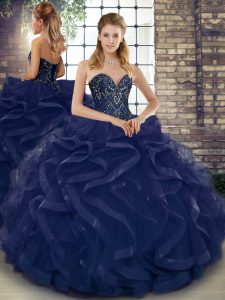 Navy Blue Ball Gowns Sweetheart Sleeveless Tulle Floor Length Lace Up Beading and Ruffles 15th Birthday Dress