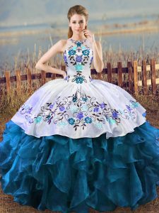 Floor Length Blue And White Quinceanera Dress Halter Top Sleeveless Lace Up