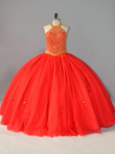 Dramatic Tulle Halter Top Sleeveless Lace Up Beading Quinceanera Dress in Red