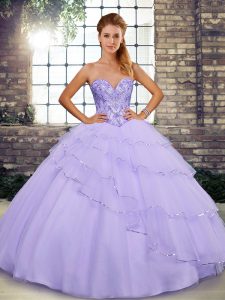Lavender Ball Gowns Tulle Sweetheart Sleeveless Beading and Ruffled Layers Lace Up 15th Birthday Dress Brush Train