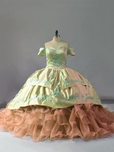 Multi-color Ball Gowns Off The Shoulder Sleeveless Organza Chapel Train Lace Up Embroidery and Ruffles Quinceanera Dress