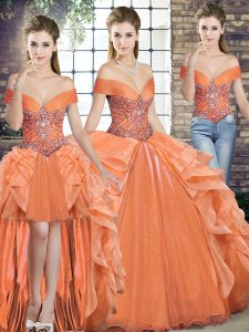 Flirting Orange Sleeveless Floor Length Beading and Ruffles Lace Up Sweet 16 Quinceanera Dress