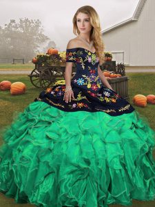 Green Lace Up Off The Shoulder Embroidery and Ruffles Sweet 16 Dress Organza Sleeveless