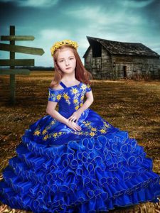 Elegant Short Sleeves Organza Floor Length Lace Up Kids Formal Wear in Royal Blue with Embroidery and Ruffled Layers