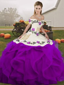 Off The Shoulder Sleeveless Quinceanera Gowns Floor Length Embroidery and Ruffles White And Purple Tulle
