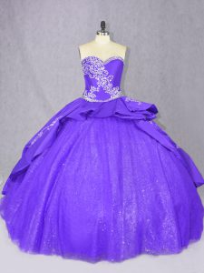 Tulle Sweetheart Sleeveless Court Train Lace Up Embroidery Ball Gown Prom Dress in Purple