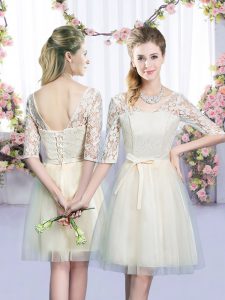 Half Sleeves Mini Length Lace and Bowknot Lace Up Vestidos de Damas with Champagne