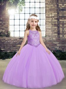 Best Lavender Tulle Lace Up Little Girl Pageant Gowns Sleeveless Floor Length Beading
