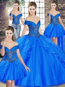 Sweet Royal Blue Ball Gowns Tulle Off The Shoulder Sleeveless Beading and Ruffles Floor Length Lace Up Sweet 16 Dress
