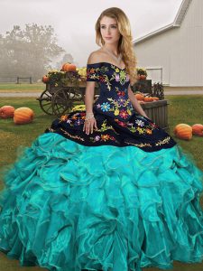 Delicate Blue And Black Ball Gowns Embroidery and Ruffles Quinceanera Gowns Lace Up Organza Sleeveless Floor Length