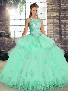 Popular Apple Green Lace Up Sweet 16 Dress Lace and Embroidery and Ruffles Sleeveless Floor Length