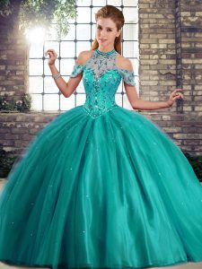 Dazzling Turquoise Lace Up Halter Top Beading Vestidos de Quinceanera Tulle Sleeveless Brush Train